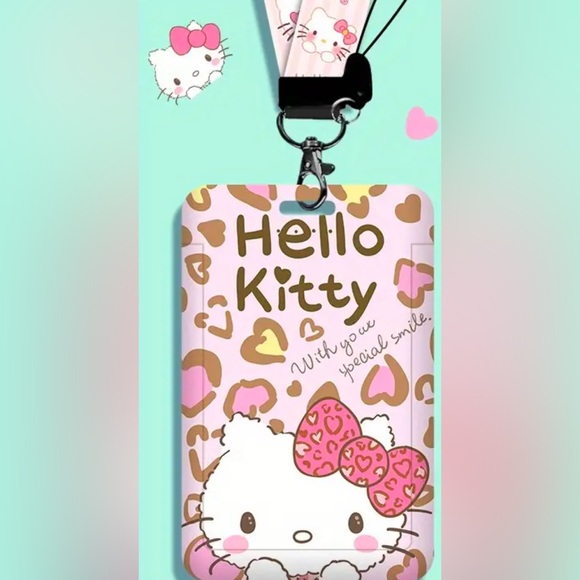 1pc Sanrio Hello Kitty Card Holder with Pink Polka Dot Lanyard Cartoon Design - Picture 1 of 4